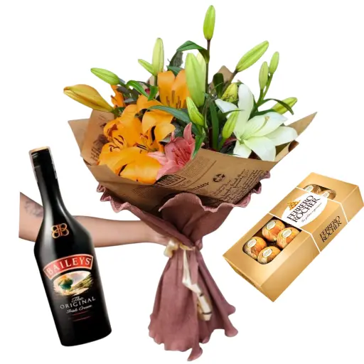 Ramo de flores liliums con chocolate y baileys 